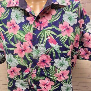 Men's Hawaiian Floral Button-Up Shirt – Navy with Parrots & Hibiscus | Size XL